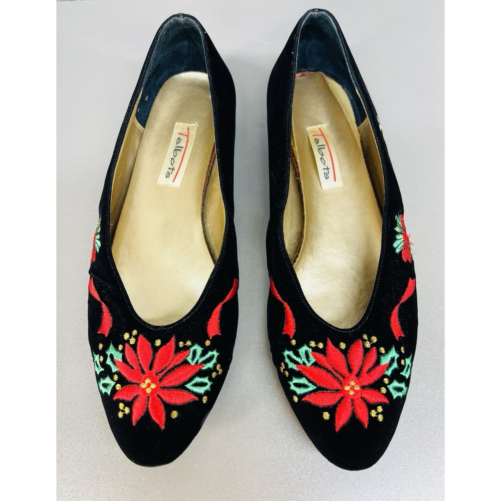 VTG Talbots Embroidered Christmas Poinsettias Ribbon Black Flats Size 8.5